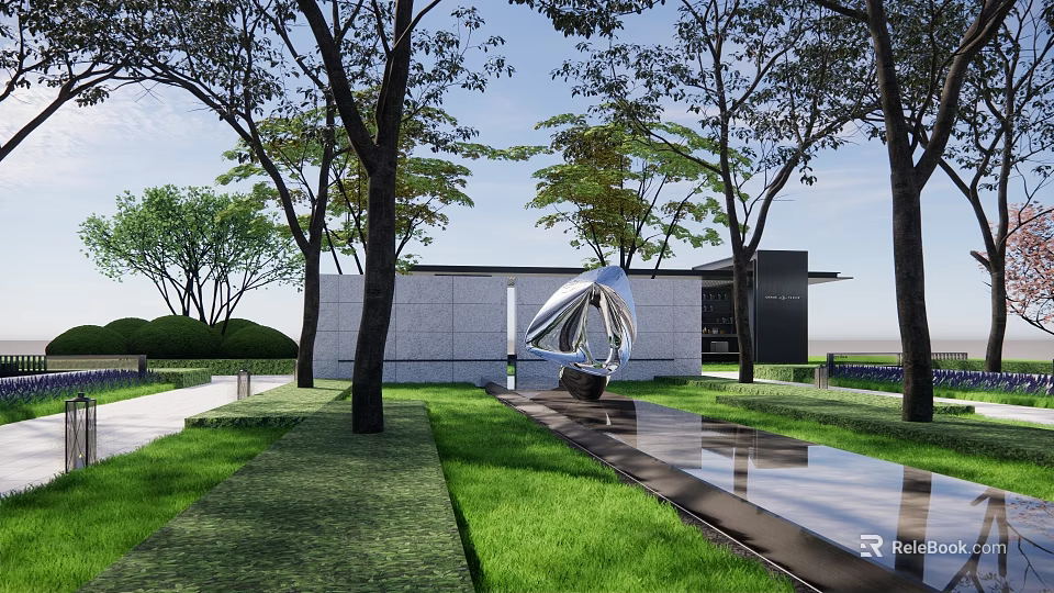 Modern Residential Landscape Design With Trees Lawn Sculpture And Water Feature 3d model 