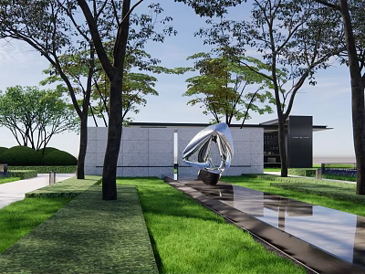 Modern Residential Landscape Design With Trees Lawn Sculpture And Water Feature 3d model