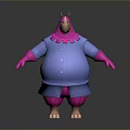 Cartoon Monster Character With Pink Head Limbs Blue Coat Horns And Big Belly