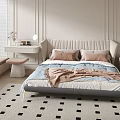 Modern Double Bed with Upholstered Headboard Soft Pillows and Blanket on Checkered Carpet Bedroom