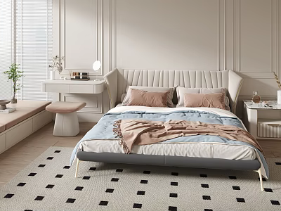 Modern Double Bed with Upholstered Headboard Soft Pillows and Blanket on Checkered Carpet Bedroom 3d model