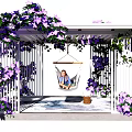 Pergola Decorated with Purple Flowers and Hammock Where Person Sits on Stone Floor