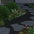 Lush Garden Landscape With Stone Path Gravel Various Plants And Red Flowers