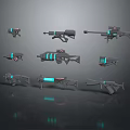 Futuristic Sci Fi Weapons Collection with Various Designs and Blue Light Effects 3d model