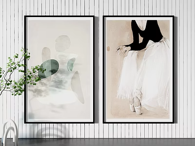 Abstract Geometric And Ballerina Decorative Paintings On White Wall With Green Plant 3d model