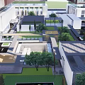 Modern Urban Commercial Landscape With High Rise Buildings Open Courtyard And Lush Greenery Features
