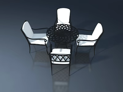 Outdoor Furniture Set With Round Black Metal Hollow Table And Four White Seat Chairs 3d model