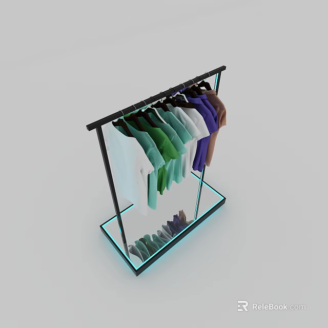 Colorful T Shirts Display Rack in Clothing Store with Glass Base and Hanging Outfits 3d model 