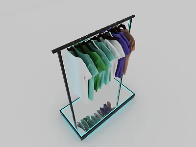 Colorful T Shirts Display Rack in Clothing Store with Glass Base and Hanging Outfits 3d model