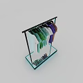 Colorful T Shirts Display Rack in Clothing Store with Glass Base and Hanging Outfits