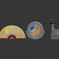 Traditional Chinese Decorative Ornaments With Yellow Fan Circular Blue Accent And Stone Architecture