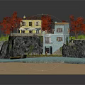 Detached Villa On Cliff With Red Trees Terrace Water And Small Boat