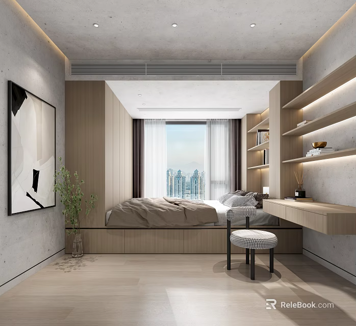 Modern Tatami Bedroom Interior With Wooden Shelves Window And City View 3d model 