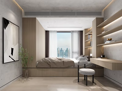 Modern Tatami Bedroom Interior With Wooden Shelves Window And City View 3d model