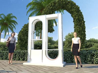 Rural Landscape With White Arch Structure Green Plants Palm Trees Stone Pavement And Blue Sky 3d model