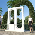 Rural Landscape With White Arch Structure Green Plants Palm Trees Stone Pavement And Blue Sky
