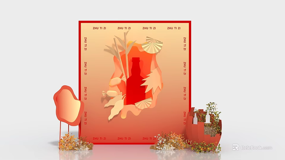 Instagrammable Red Background Photo Spot With Bottle Silhouette Maple Leaves Umbrella Decorations And Dates 3d model 