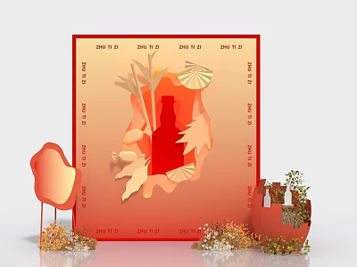 Instagrammable Red Background Photo Spot With Bottle Silhouette Maple Leaves Umbrella Decorations And Dates 3d model