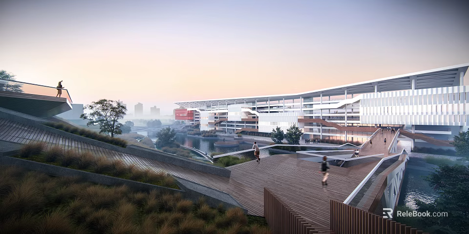 Modern School Building With Glass Facade Green Landscaping And Pedestrian Walkway 3d model 