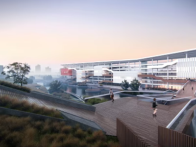 Modern School Building With Glass Facade Green Landscaping And Pedestrian Walkway 3d model