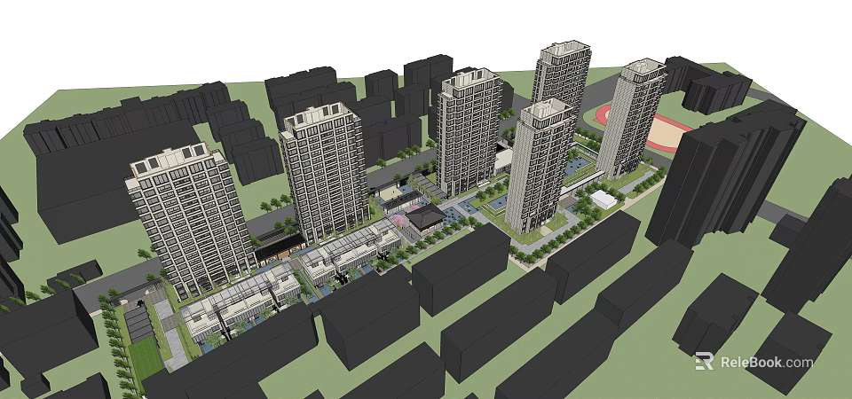 Modern High Rise Residential Building Complex In Urban Area With Green Spaces And Roads 3d model 