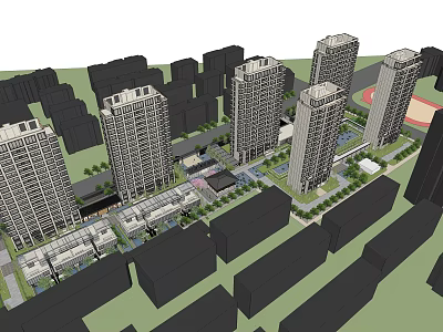 Modern High Rise Residential Building Complex In Urban Area With Green Spaces And Roads 3d model