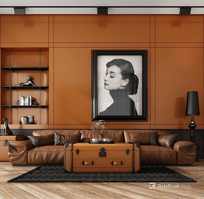 Brown Leather Sofa And Trunk Coffee Table Set With Orange Wall And Black White Portrait 3d model 