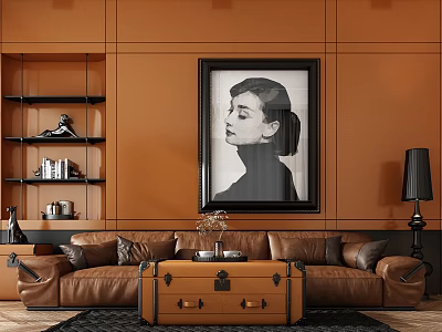 Brown Leather Sofa And Trunk Coffee Table Set With Orange Wall And Black White Portrait 3d model