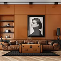 Brown Leather Sofa And Trunk Coffee Table Set With Orange Wall And Black White Portrait