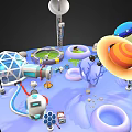 Futuristic Island Scene With Domed Structure Satellite Dish Alien Spaceships Robots And Ring Structures 3d model