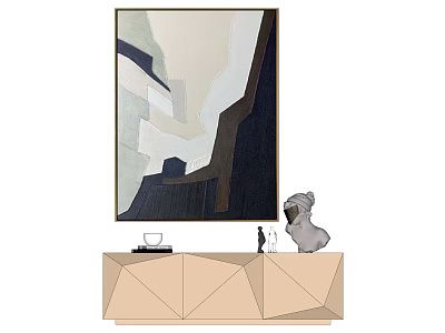 Large Abstract Painting Above Geometric Cabinet With Decorative Sculptures And Ornaments 3d model