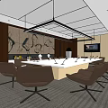 Modern Spacious Conference Room With Round Table Large Windows Decorative Wall And Leather Chairs
