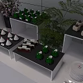 Modern Dessert Display With Green Confections White Cone Treats And Green Plants On Shelves