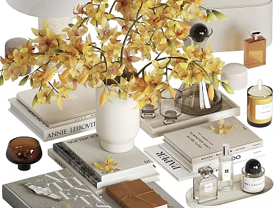 Decorative Accessories Set With Yellow Orchids White Vase Books Trays And Scented Candle 3d model