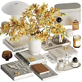 Decorative Accessories Set With Yellow Orchids White Vase Books Trays And Scented Candle