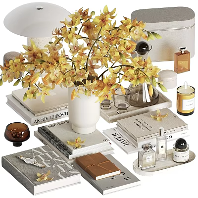 Decorative Accessories Set With Yellow Orchids White Vase Books Trays And Scented Candle 3d model