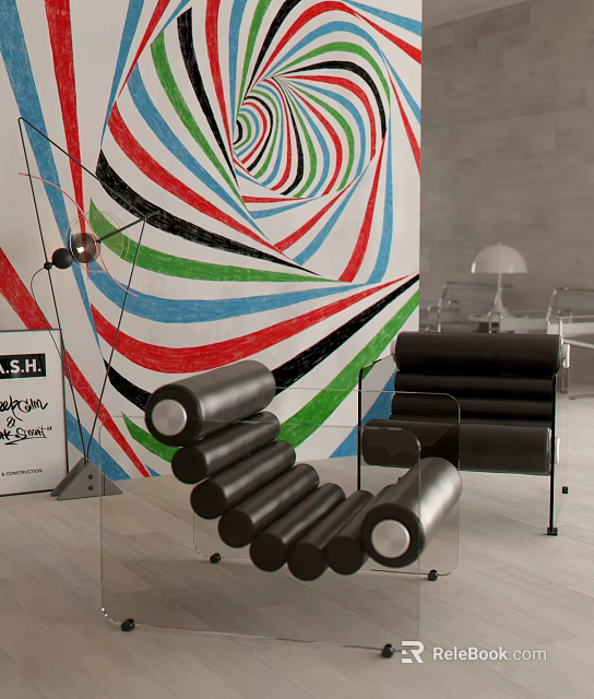 Modern Black Leather Lounge Chair With Colorful Abstract Wall Background 3d model 