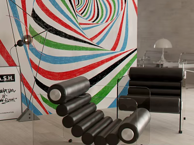 Modern Black Leather Lounge Chair With Colorful Abstract Wall Background 3d model