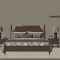 Double Bed with Brown Wooden Headboard Plaid Pillows Patterned Bedspread Side Nightstands White Lamps Molteni&C
