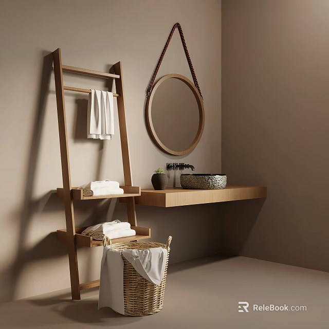 Natural Bathroom Interior With Wooden Ladder Shelf Round Mirror Wall Mounted Sink And Towel Basket 3d model 