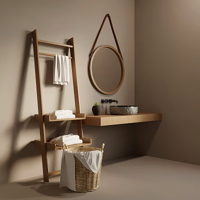 Natural Bathroom Interior With Wooden Ladder Shelf Round Mirror Wall Mounted Sink And Towel Basket 3d model