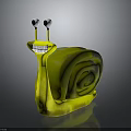 Yellow Snail With Big Eyes And Green Spiral Shell On Gray Background