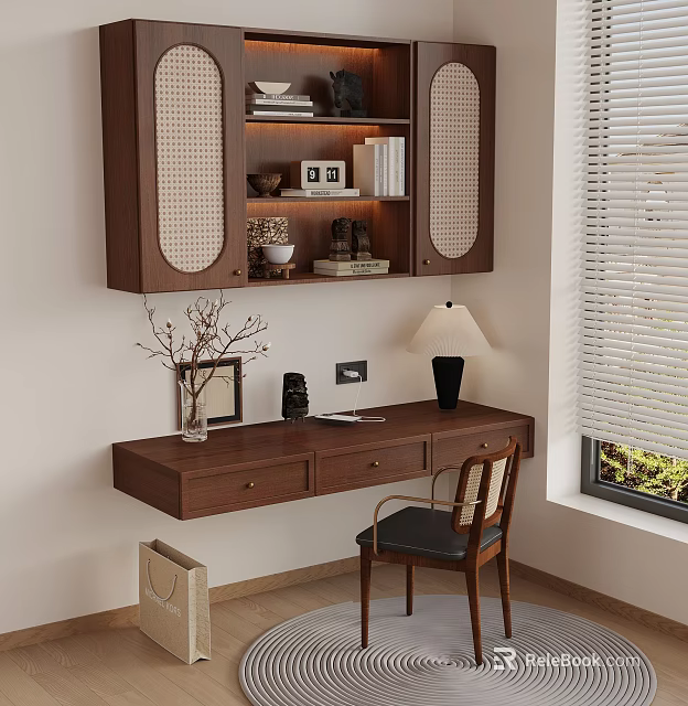 Modern Wooden Desk Setup With Wall Cabinet Books Lamp Chair And Window Blinds 3d model 