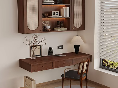 Modern Wooden Desk Setup With Wall Cabinet Books Lamp Chair And Window Blinds 3d model