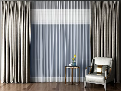 Elegant Curtains With Sheer Panels And Light Gray Armchair By Small Table On Wooden Floor 3d model