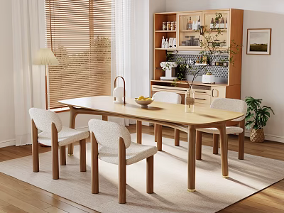 Modern Cozy Dining Room With Wooden Table Linen Chairs Window Blinds Storage Cabinet And Natural Light 3d model