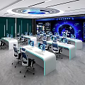 Modern Monitoring Room Interior Design With Control Desks Computer Monitors And Blue Chairs