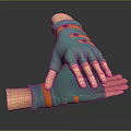 Two Hands Wearing Blue Gloves With Orange Straps Overlapping On Black Surface