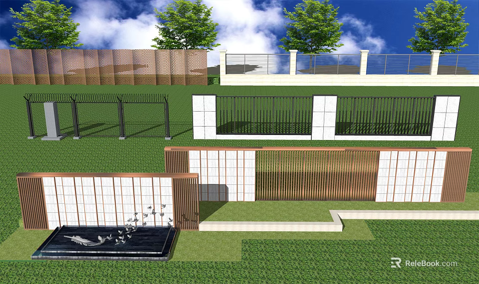 Modern Outdoor Feature Wall Design With Wooden Panels Metal Fences And Water Feature 3d model 