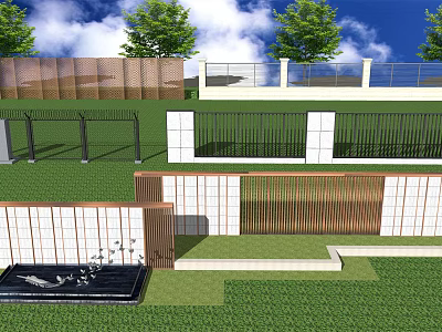 Modern Outdoor Feature Wall Design With Wooden Panels Metal Fences And Water Feature 3d model